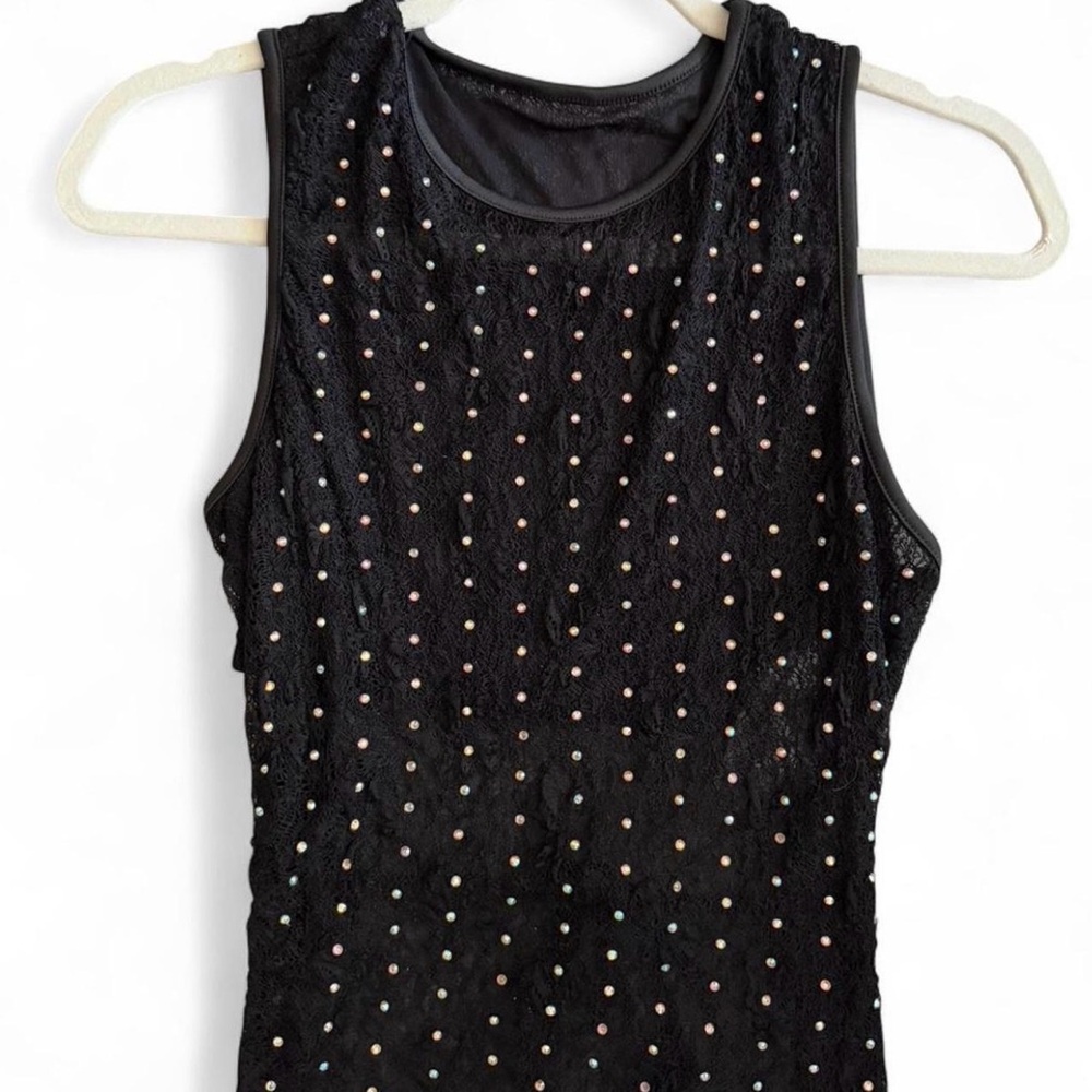 Black sheer tank top with rainbow studs, tie back and open back detail #glam